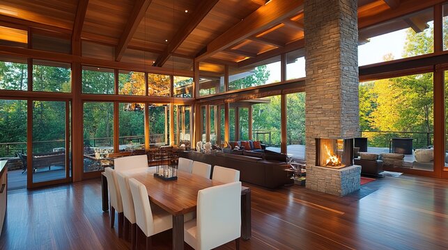 Luxurious, open-concept living space featuring a fireplace, dining area, and large windows with forest view
