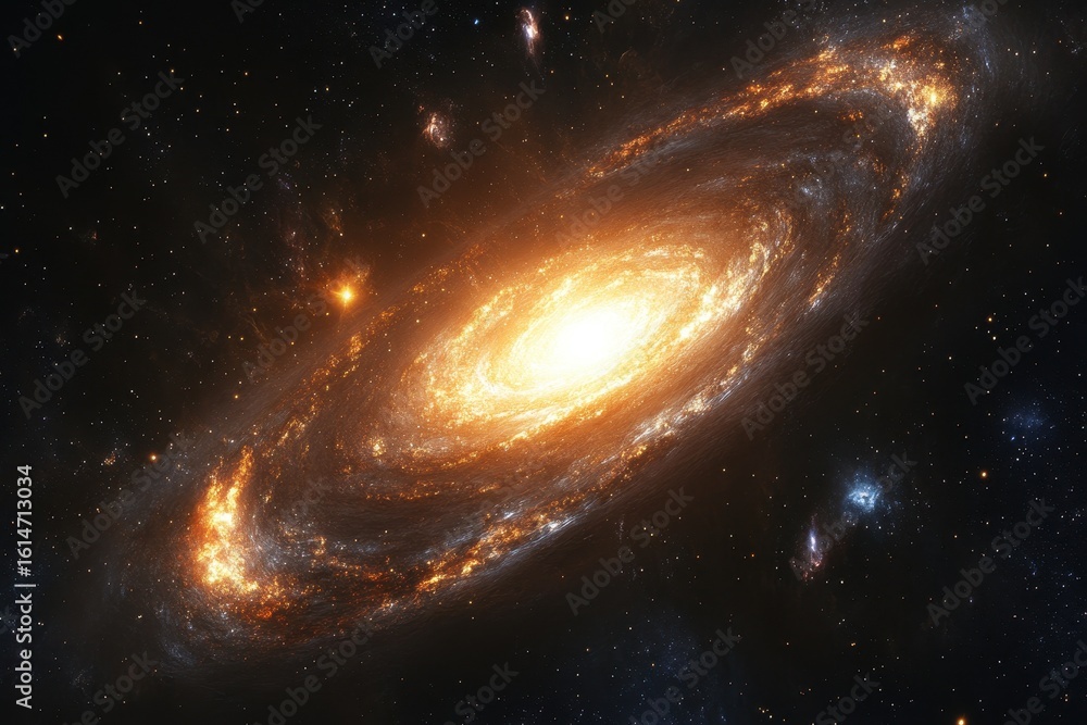 Poster expansive view of a spiral galaxy illuminated by vibrant nebulae in deep space, galaxy and nebula ba