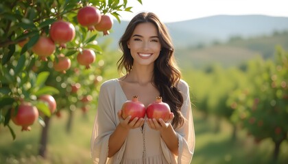 Frutta di Autunno: bella ragazza in un frutteto che porge due melograni maturi 