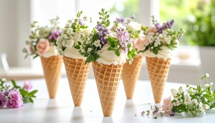 Ice cream cones topped with edible flowers in soft natural lighting