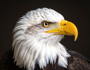 Powerful patriotic bald eagle with strong features illuminated in soft shadowed lighting against neutral backdrop representing national pride