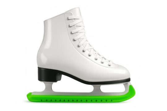 White ice skate with green blade cover showing modern design on transparent background