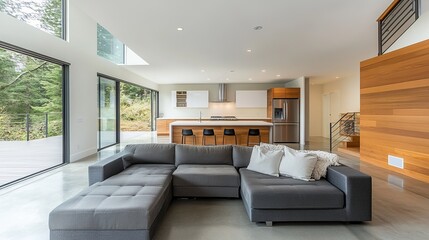 Modern interior with gray sectional, island kitchen, and sliding glass doors to a deck overlooking trees