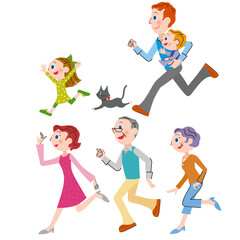 元気に走る三世代家族のイラスト