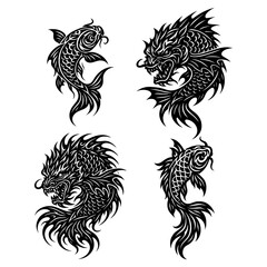 Set of Tribal Koi Fish and Dragon Tattoo Designs – Black Ink Vector Art