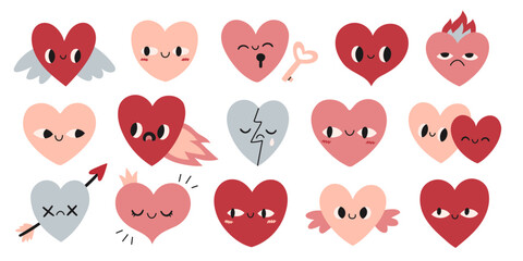 Valentines day doodle hearts set. Cute collection of flat hearts with different faces and emotions, with wings, broken, in love, happy. Perfect for Valentines Day cards, stickers, banners.