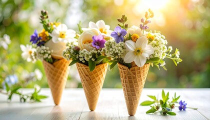 Ice cream cones topped with edible flowers in soft natural lighting