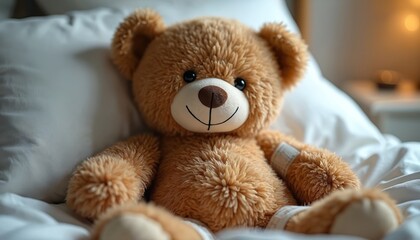 Obraz premium Brown teddy bear with bandages rests on white bedding in a cozy bedroom. This cute plush toy symbolizes comfort, healing, and recovery, offering support for children facing illness or injury.