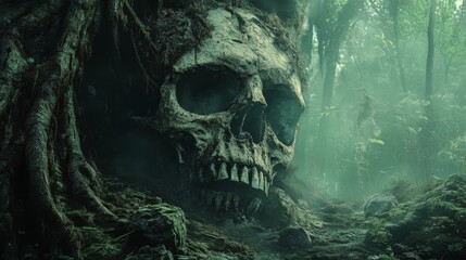 A large human skull rests on the forest floor, overgrown with vines and moss.  The skull is surrounded by mist and trees, creating an eerie and mysterious atmosphere.