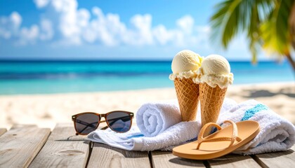 Ice cream placed with summer props like sunglasses, beach towels, and flip-flops for 