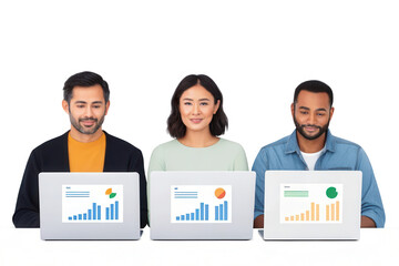 Diverse team of three professionals working on laptops with data charts isolated on transparent background