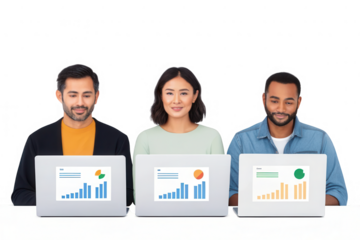 Diverse team of three professionals working on laptops with data charts isolated on transparent background