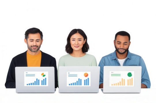 Diverse team of three professionals working on laptops with data charts isolated on transparent background - Powered by Adobe