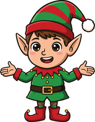 Cute Christmas Elf Cartoon Character in Festive Costume with Open Arms – Holiday Mascot for Winter Celebration and Seasonal Joy