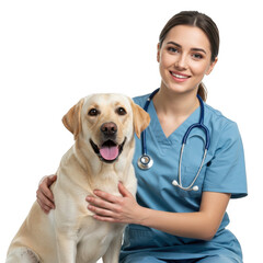 A smiling veterinarian in blue scrubs with a stethoscope poses affectionately with a happy yellow labrador retriever isolated on transparent background