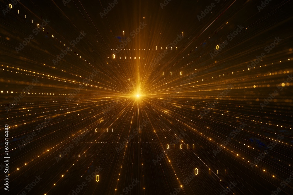 Poster futuristic abstract background with glowing binary code and golden light rays bursting from center i