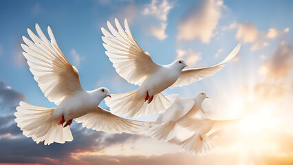 Fototapeta premium beautiful sky with 2 doves on each side, with clouds, white doves soaring in a bright blue sky with fluffy clouds and sunlight