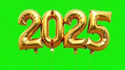 Golden 2025 balloons floating on vibrant green background, perfect for New Year's celebrations - Powered by Adobe