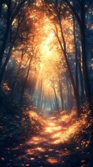 Obraz premium Walking Path Through a Forest with Sunlight Streaming Through Trees