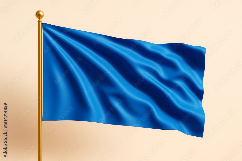 Poster blue flag waving on gold pole over soft beige background with smooth folds and clean empty surface f