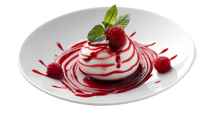 panna cotta with fresh raspberries and mint on transparent background