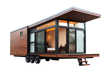 3d rendering of a wooden house with a trailer isolated on transparent background