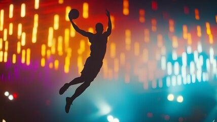 silhouette of a basketball player in action on a colorful background