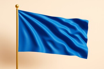 Blue flag waving on gold pole over soft beige background with smooth folds and clean empty surface for creative design or branding concepts.