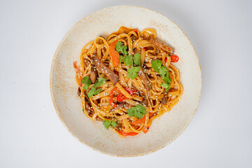 A vibrant dish of stir-fried noodles, colorful veggies, and tender beef is beautifully served