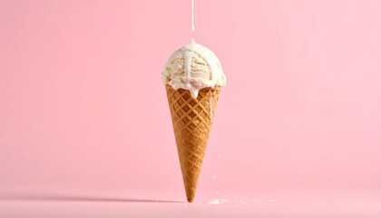 Minimalist cone with a single scoop dripping dramatically against a pastel backdrop
