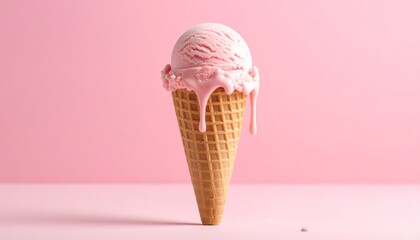Minimalist cone with a single scoop dripping dramatically against a pastel backdrop