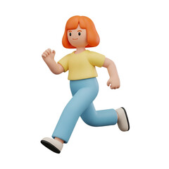 3d icon of a cheerful 3d cartoon woman with orange hair running energetically in blue pants and a yellow shirt, isolated on a transparent background