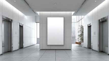 Modern elevator lobby with blank vertical poster on white wall and large windows showing cityscape, bright and clean interior design
