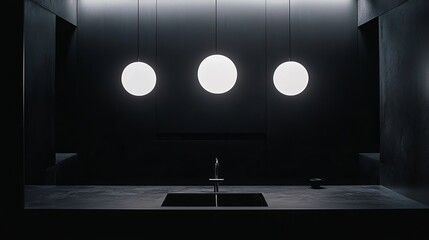 Minimalist kitchen scene. Three glowing orbs hang above dark counter with sink, minimalist and moody