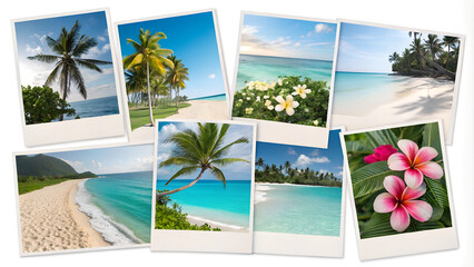 High-quality tropical beach photo collage with palm trees, white sand, and tropical flowers. Ideal for travel brochures, vacation ads, website banners, and summer-themed designs.

