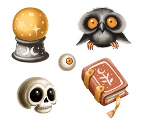 Collection of mystical and spooky items including a crystal ball, skull, owl, and ancient book