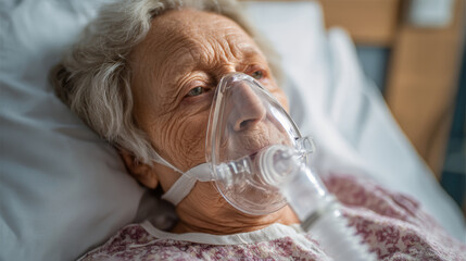 Elderly woman lying in hospital bed with oxygen mask, showing concern and frailty during medical treatment and recovery