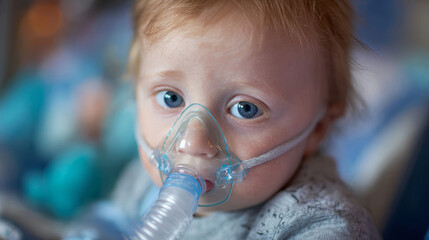 Child with oxygen mask blue eyes respiratory care medical treatment hospital environment health support pediatric patient close up portrait