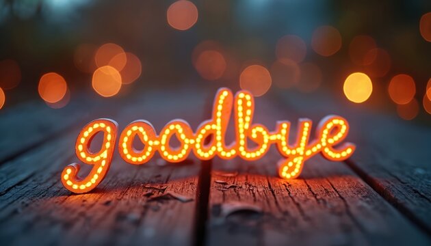 Glowing illuminated Goodbye sign on rustic wooden surface. Message in red light. Dark background with bokeh effect. Represents farewell, separation, conclusion, ending. Sentimental bittersweet mood