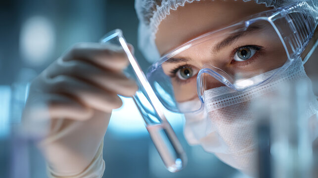 Scientist holding test tube with liquid in laboratory wearing protective glasses and mask focused on experiment - Powered by Adobe
