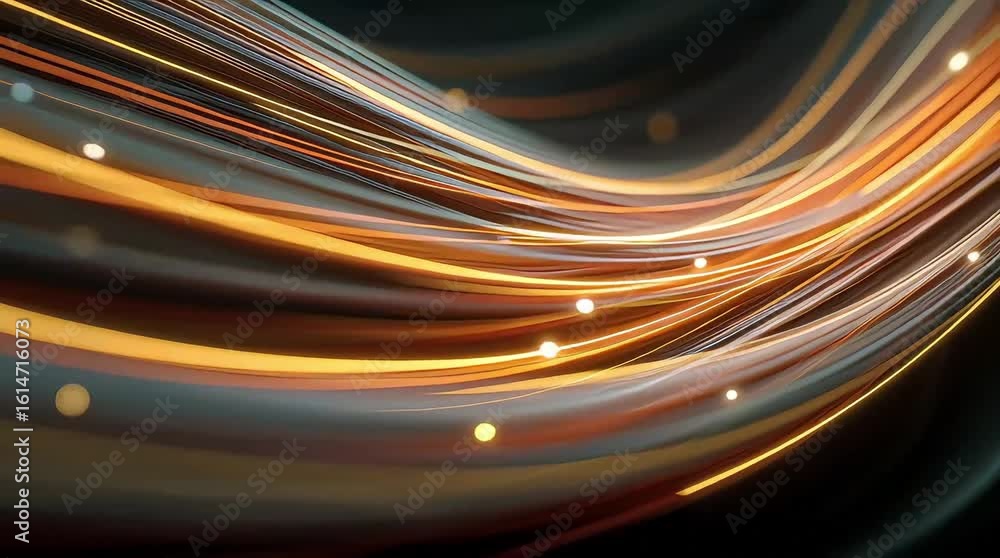 Poster abstract background featuring flowing lines in shades of orange and gray with light orbs scattered