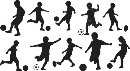 kids playing football silhouette vector, child soccer silhouettes for sports design, vector of children kicking ball in black, football activity silhouettes for kids sports template