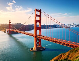 Obraz premium Iconic red bridge spans a bay, golden hour