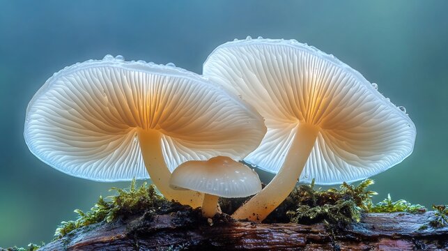 Close up view of delicate fungi growing on fallen logs in a misty forest with soft dew drops on their caps and the earthy scent of the woods lingering in the air