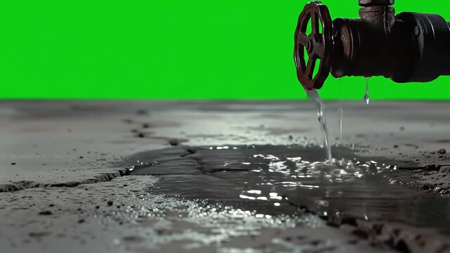 Water valve leaking on dry cracked ground with green screen background