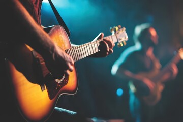 Obraz premium Live music performance featuring acoustic guitar and bass during a vibrant evening concert, Band Live music