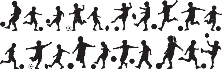 kids playing football silhouette vector, child soccer silhouettes for sports design, vector of children kicking ball in black, football activity silhouettes for kids sports template