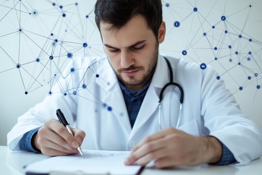 Caucasian male doctor analyzing health data and connections in a modern medical setting, network of connections with icons over caucasian male doctor - Powered by Adobe