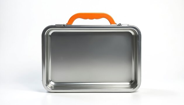 Classic metal lunchbox with orange handle. Silver aluminium steel container for food storage, transport. Retro design ideal for school, work, picnics. Versatile object for meals, evoking childhood