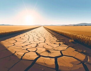 Top-Down View of Dry Cracked Farmland Under Harsh Sunlight – Climate Change Concept